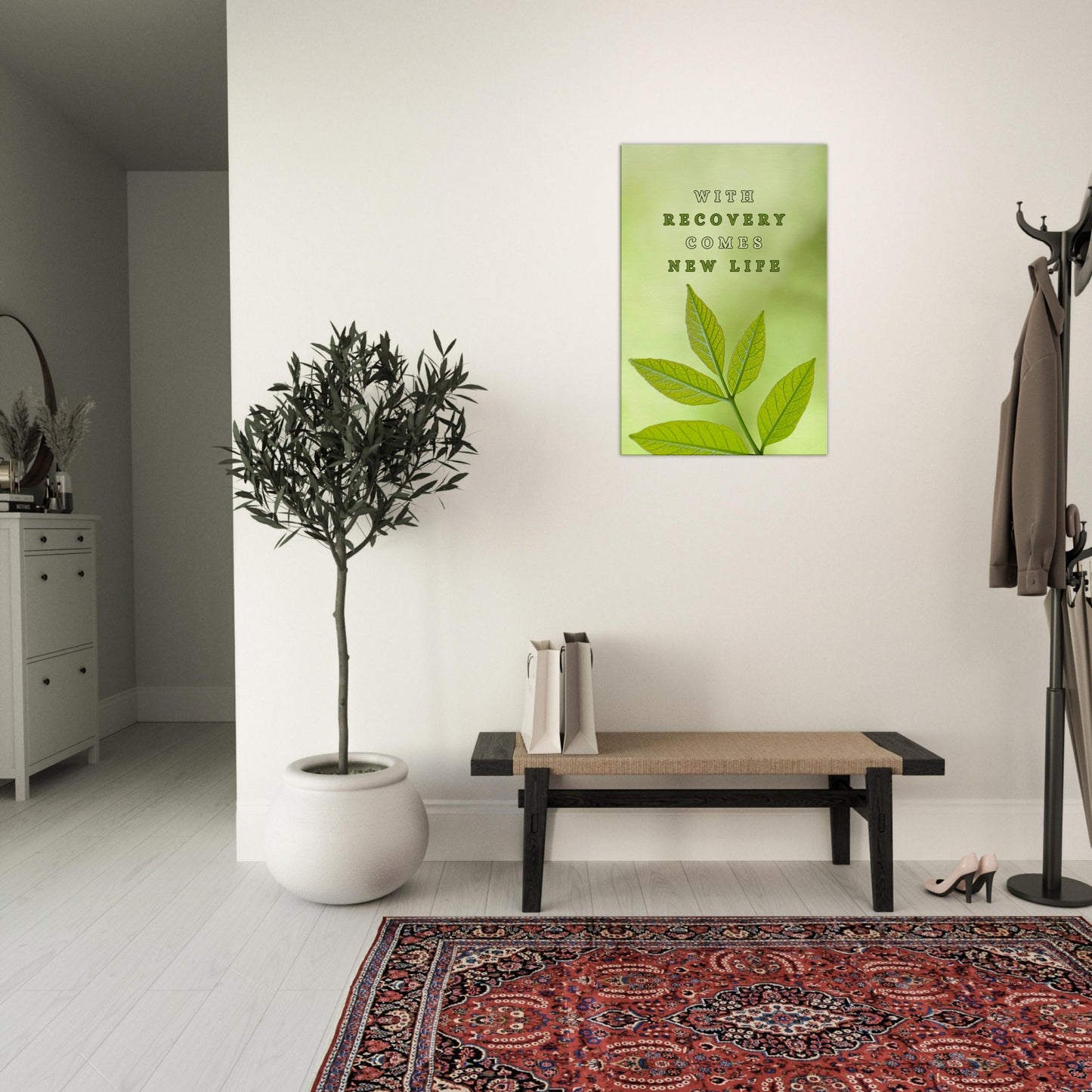 Healing-focused canvas wall art with new life affirmation and green nature theme for sobriety inspiration

