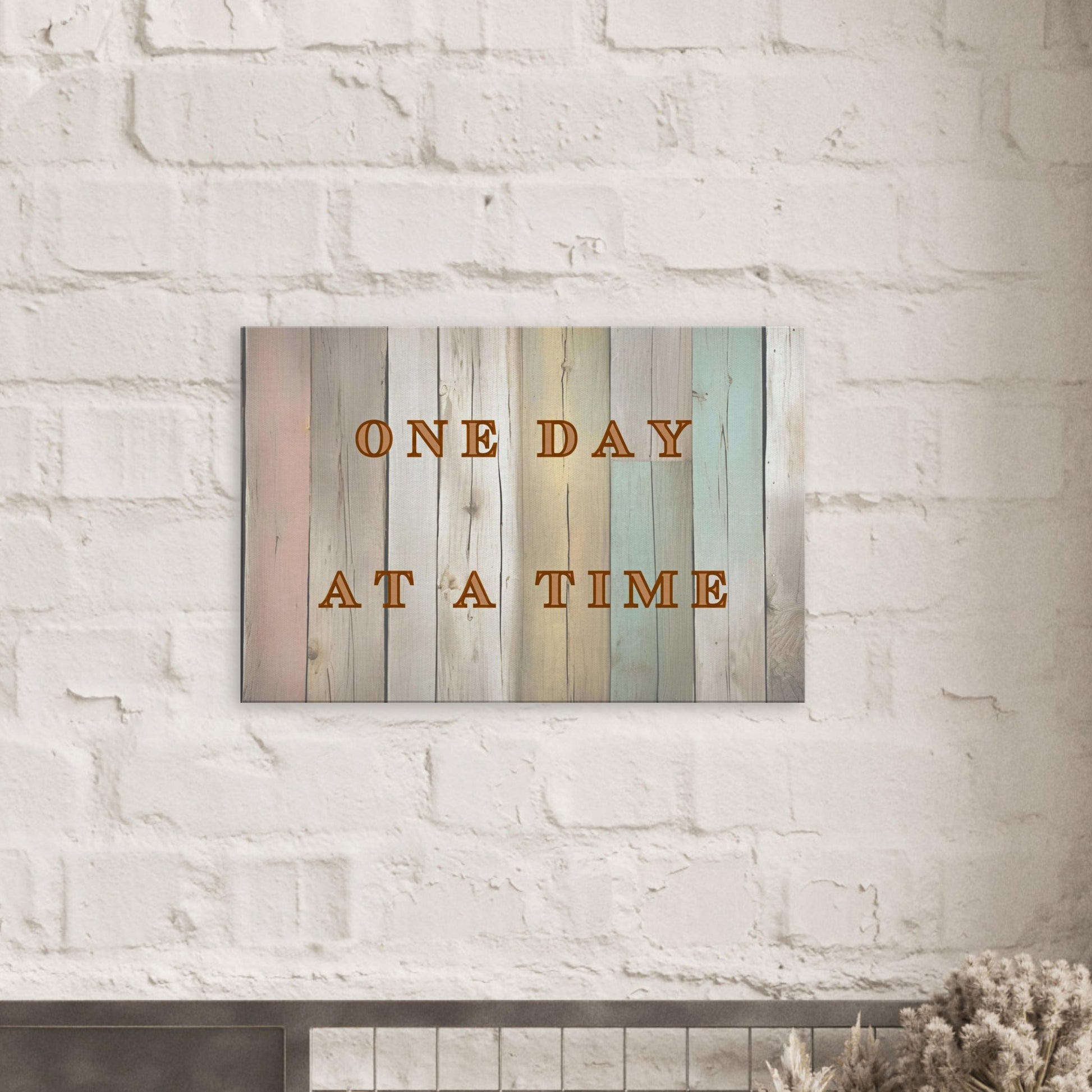 Inspirational wall art with soft wood textures and daily recovery quote