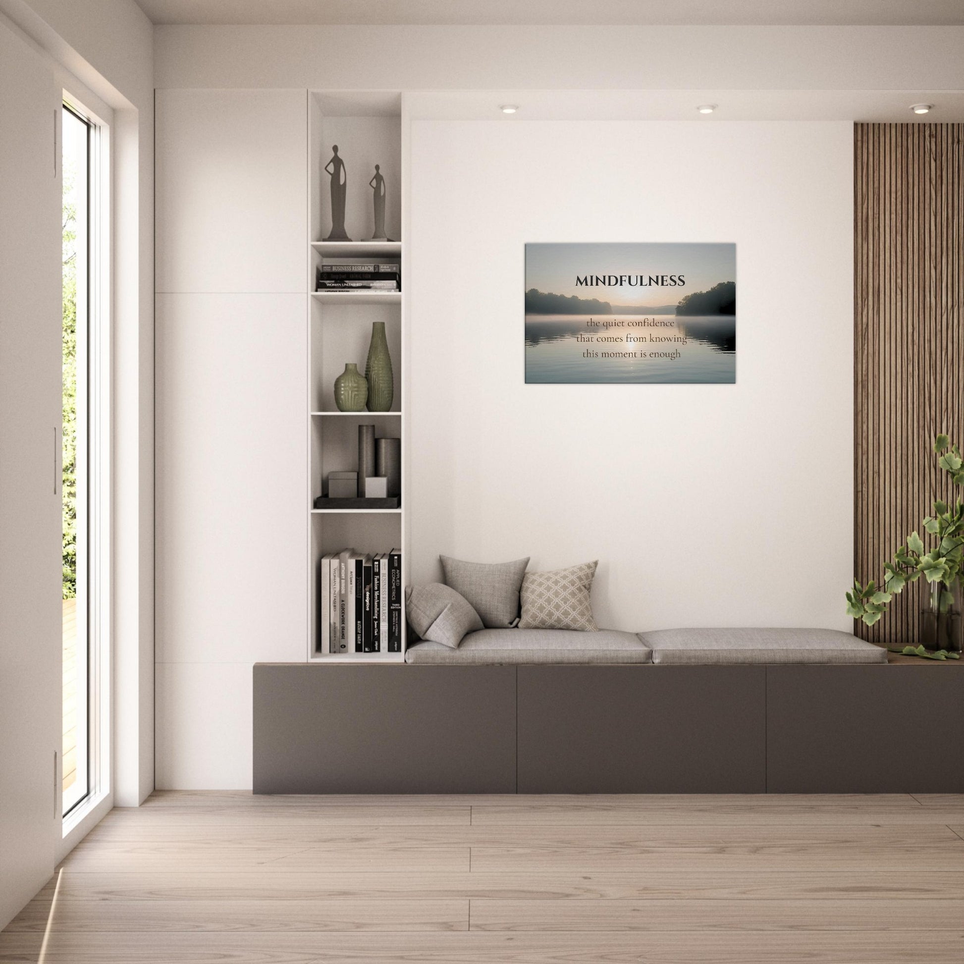 Horizontal canvas with mindfulness quote and peaceful nature background

