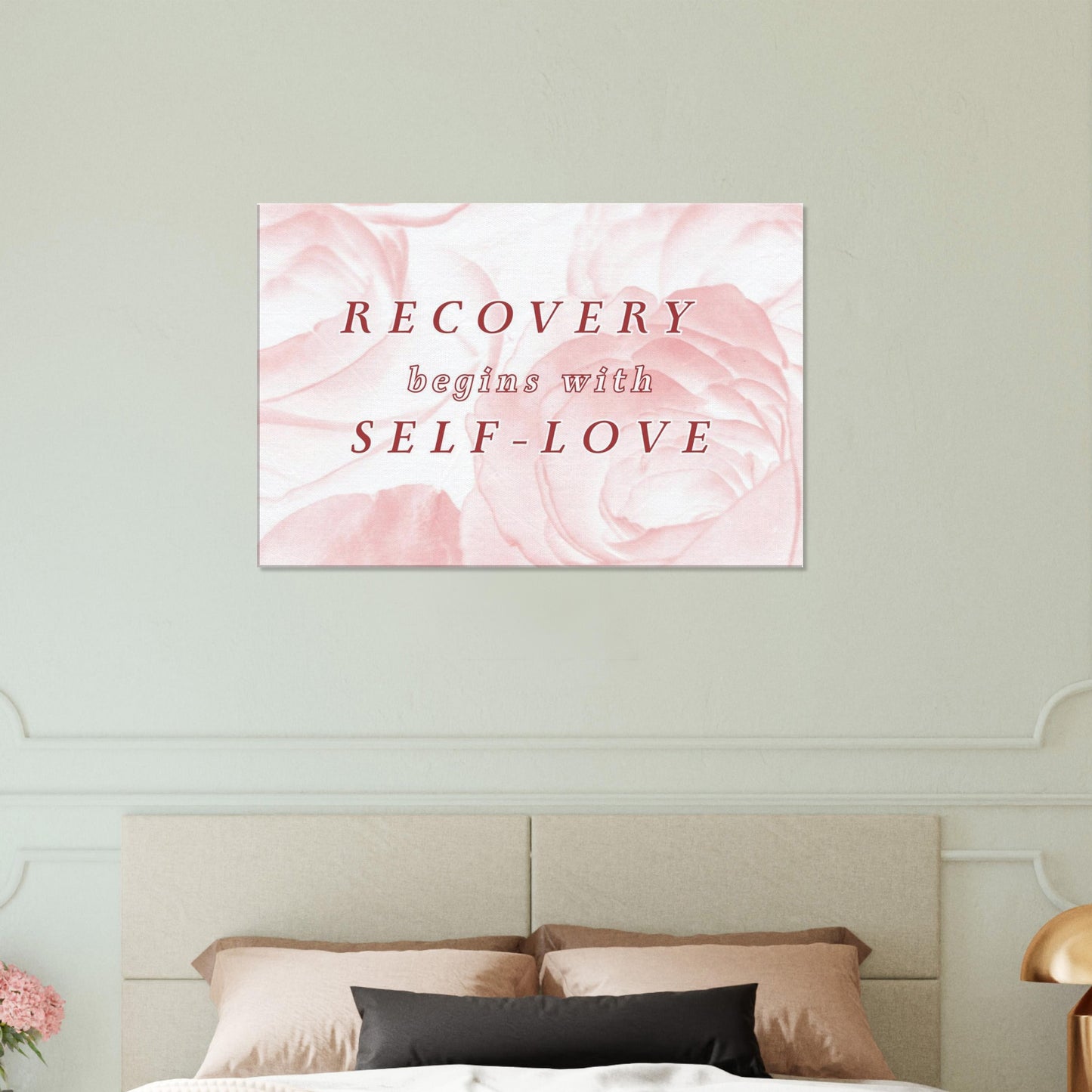Emotional healing wall art featuring self-love quote and soft floral texture