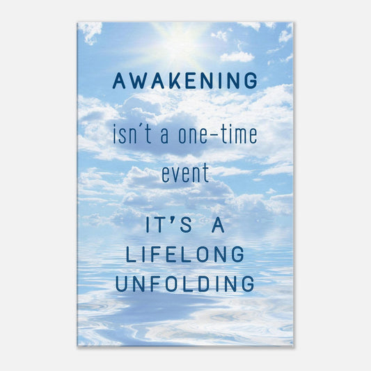 Sobriety themed Inspirational canvas print with awakening quote over sky and water background

