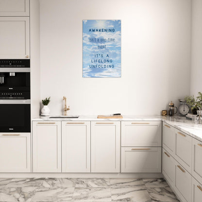 Sobriety inspired quote canvas wall art about lifelong unfolding with blue sky and sun imagery

