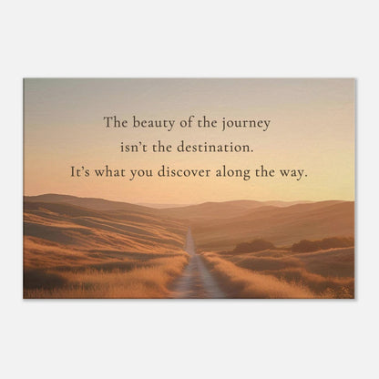 Sobriety inspired canvas wall print with quote about the beauty of the journey over golden path and rolling hills

