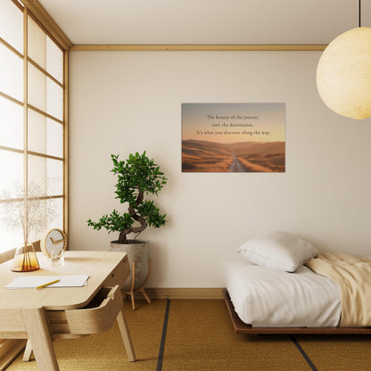 Recovery wall art with winding trail and sunset sky behind quote about discovery

