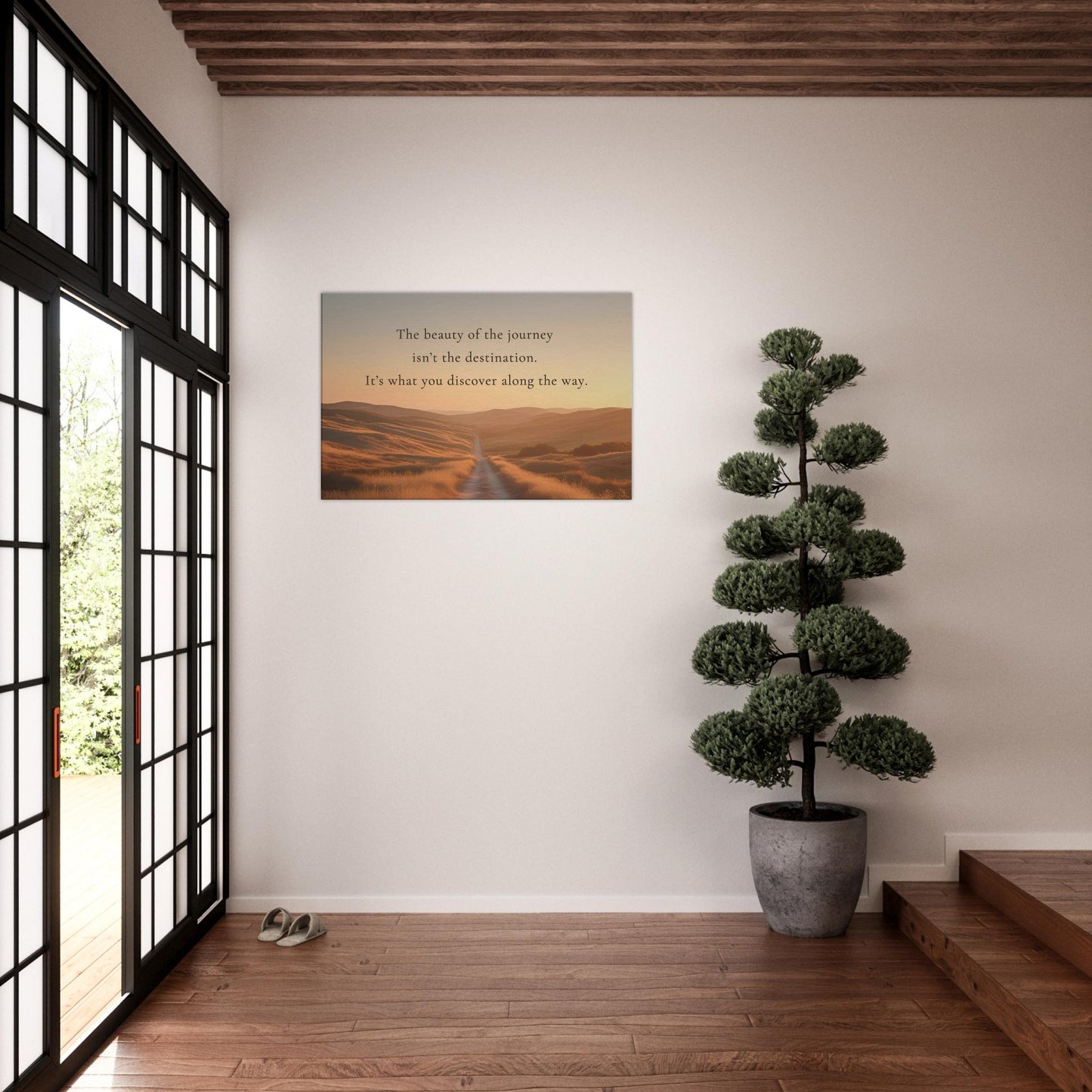 Recovery-themed decor with inspirational journey quote and peaceful trail landscape

