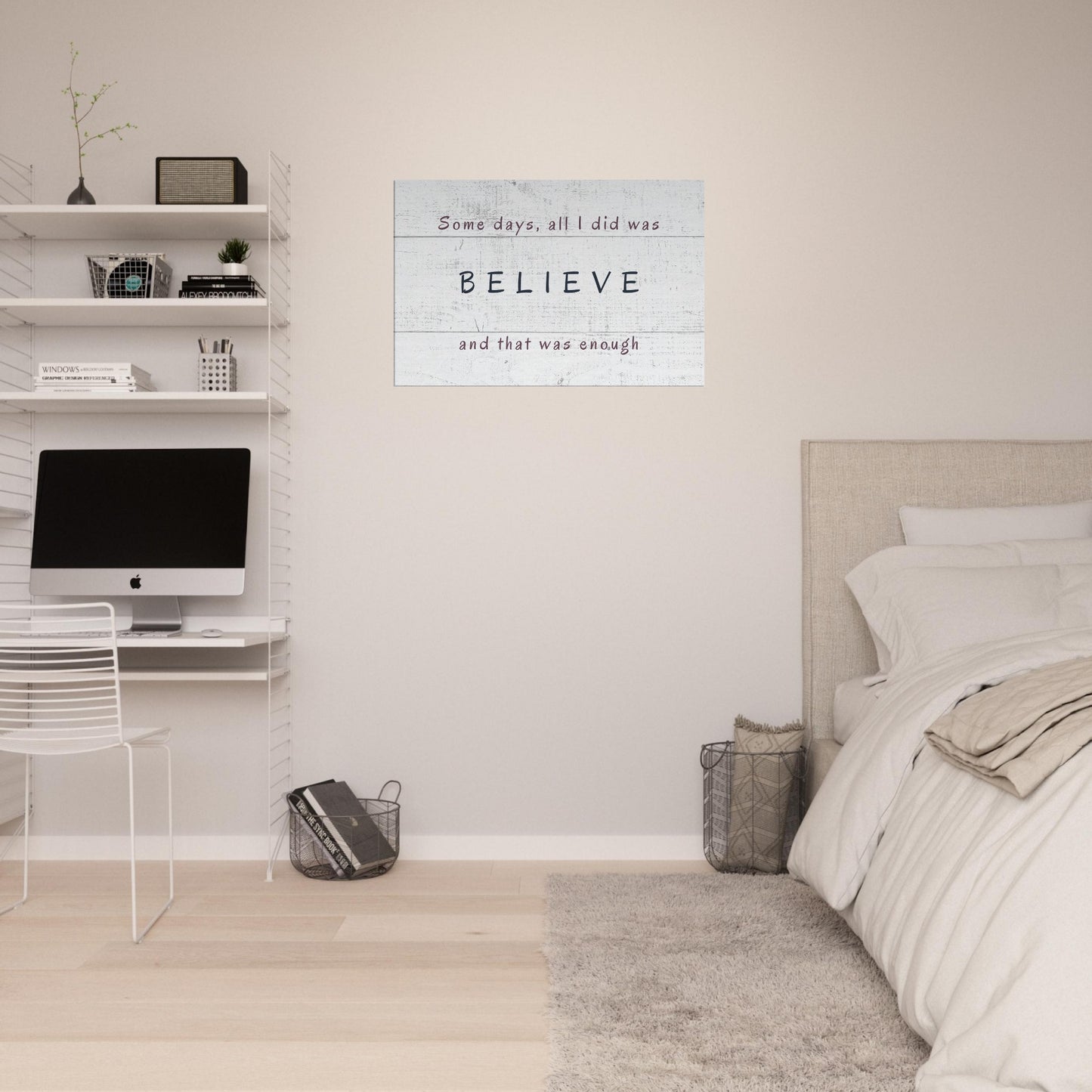 Minimalist inspirational recovery themed canvas wall print with soft red and black typography

