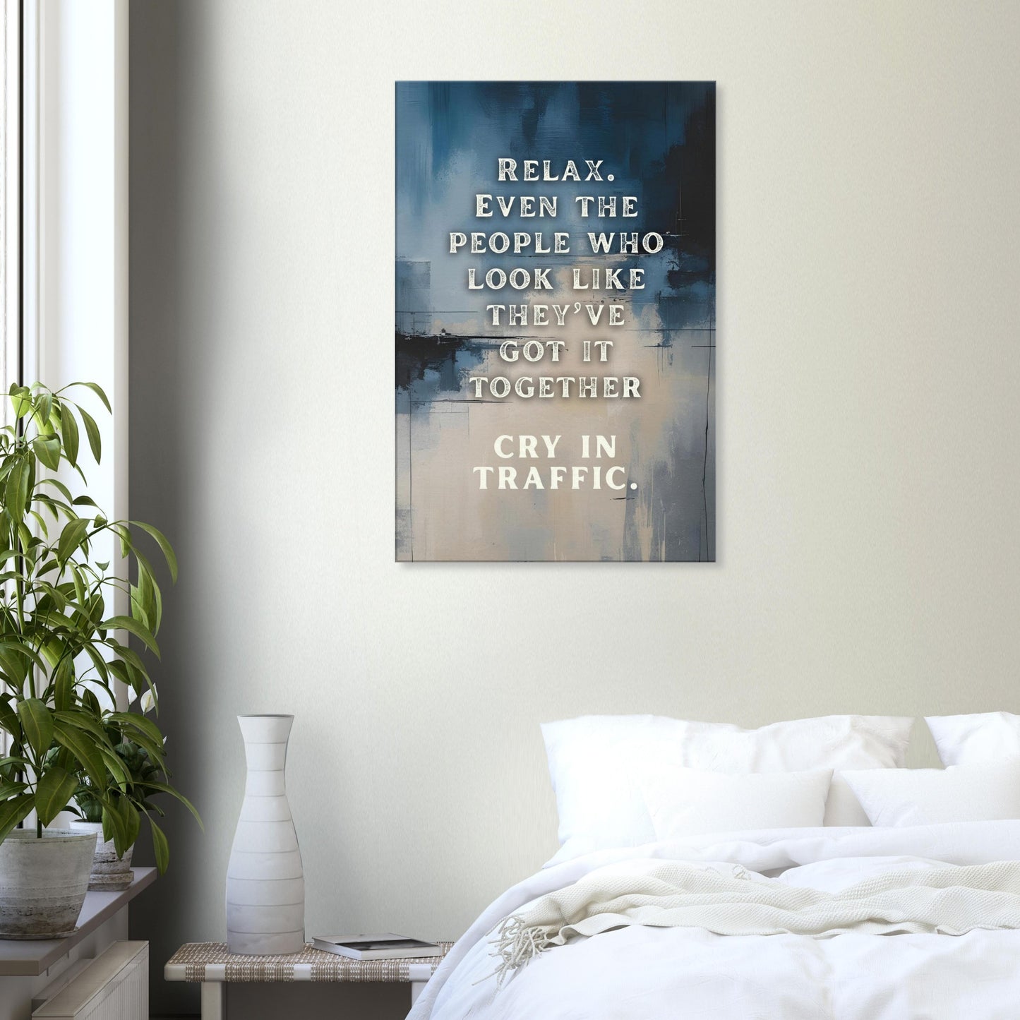 Recovery canvas wall art in portrait orientation with honest self-care message


