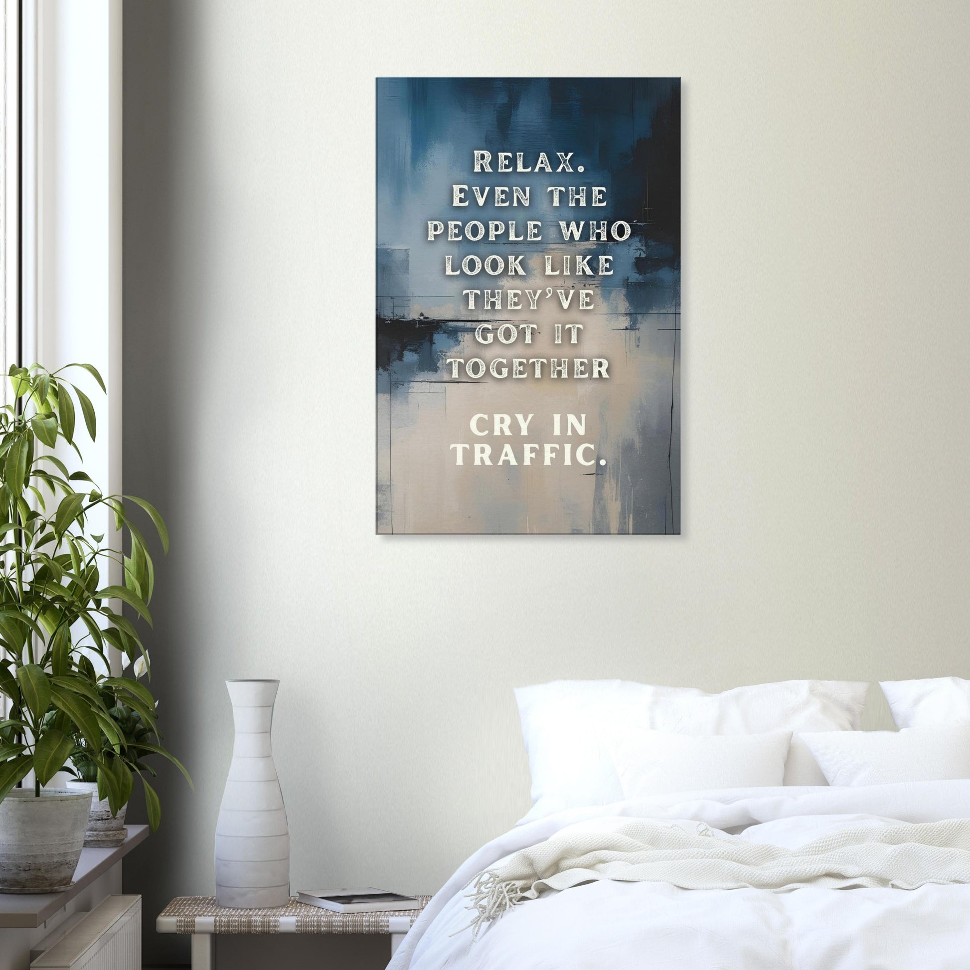 Recovery canvas wall art in portrait orientation with honest self-care message


