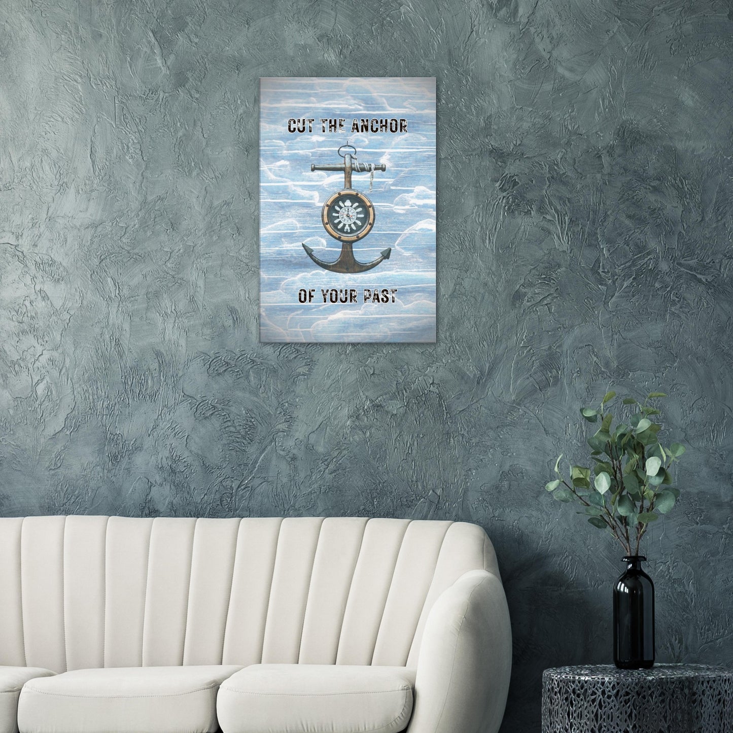 Nautical recovery canvas quote print with wooden anchor and inspiring message about healing and letting go

