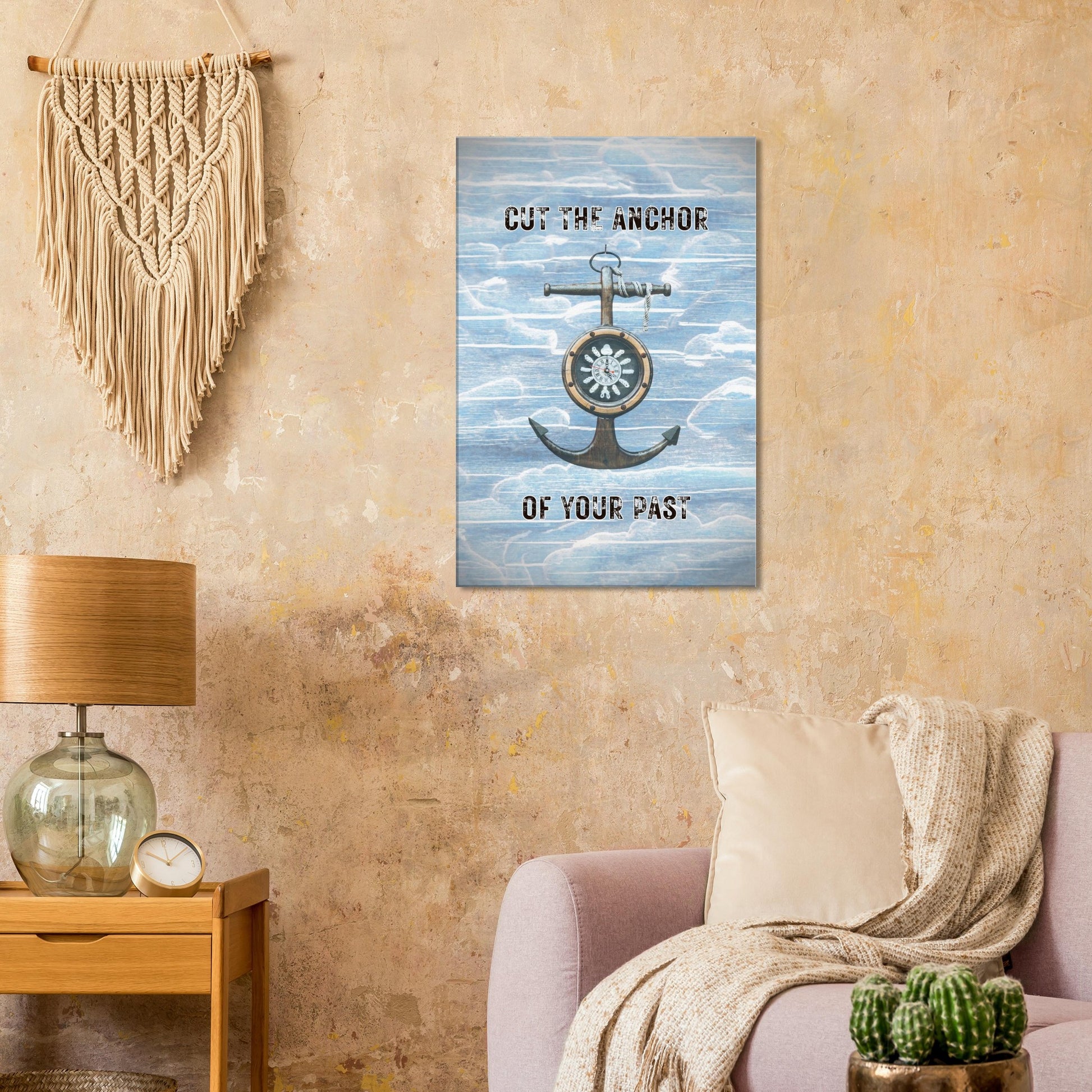Sober Canvas recovery wall decor with bold letting-go message and minimalist nautical imagery

