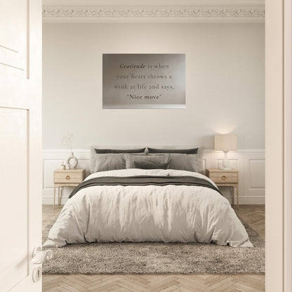 Recovery-themed gratitude canvas wall print with minimalist design and calming brown typography

