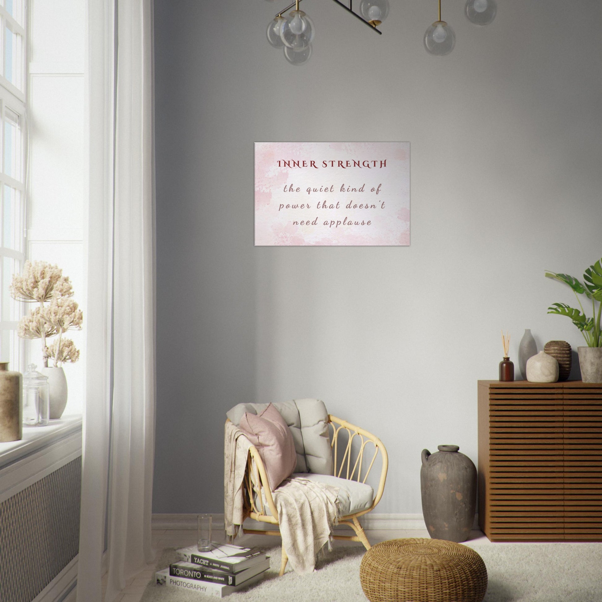 Horizontal sobriety inspired canvas print with soft feminine design and quote of strength that doesn’t seek applause

