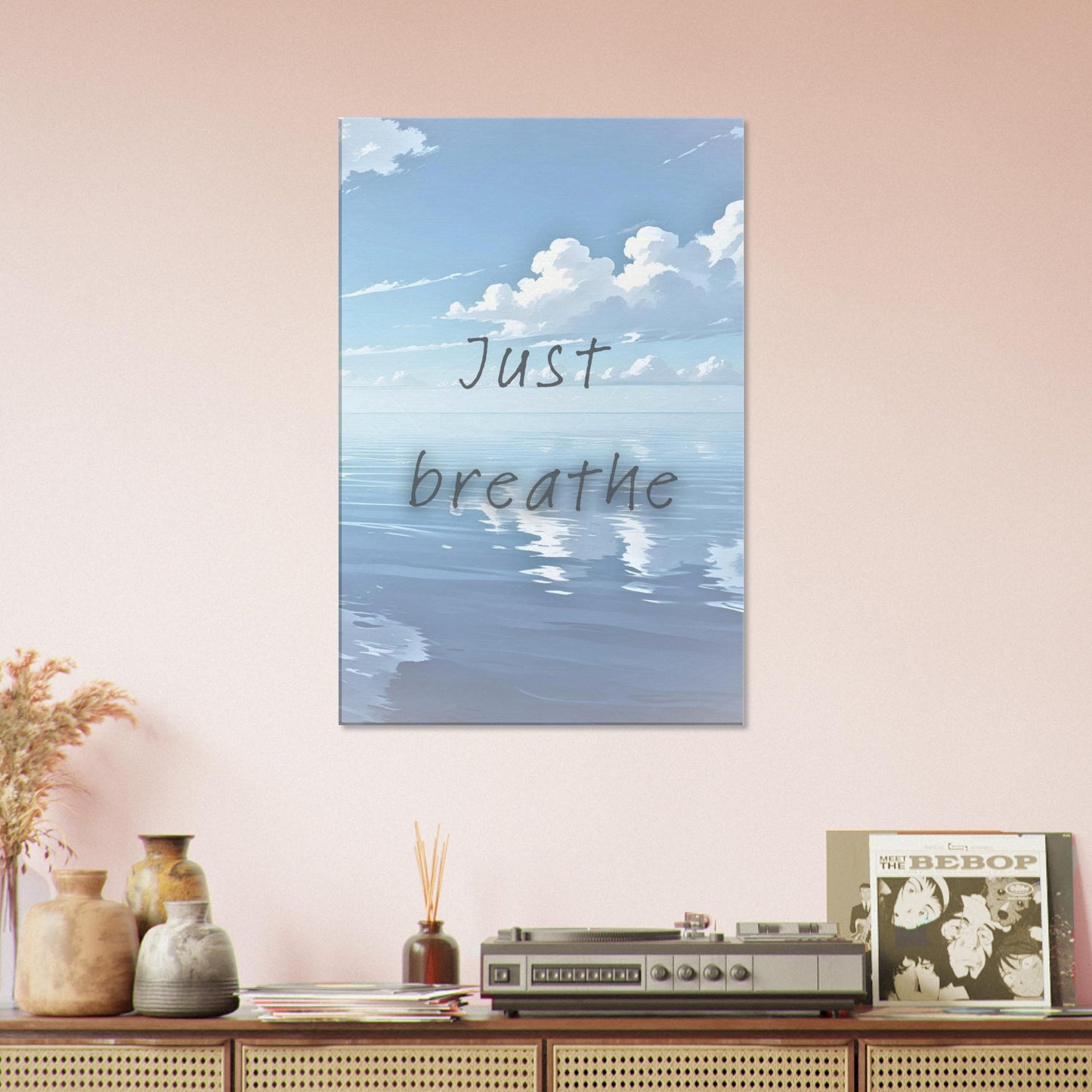 Serene blue canvas wall art with calming sea and sky reflection paired with a mindfulness sobriety quote

