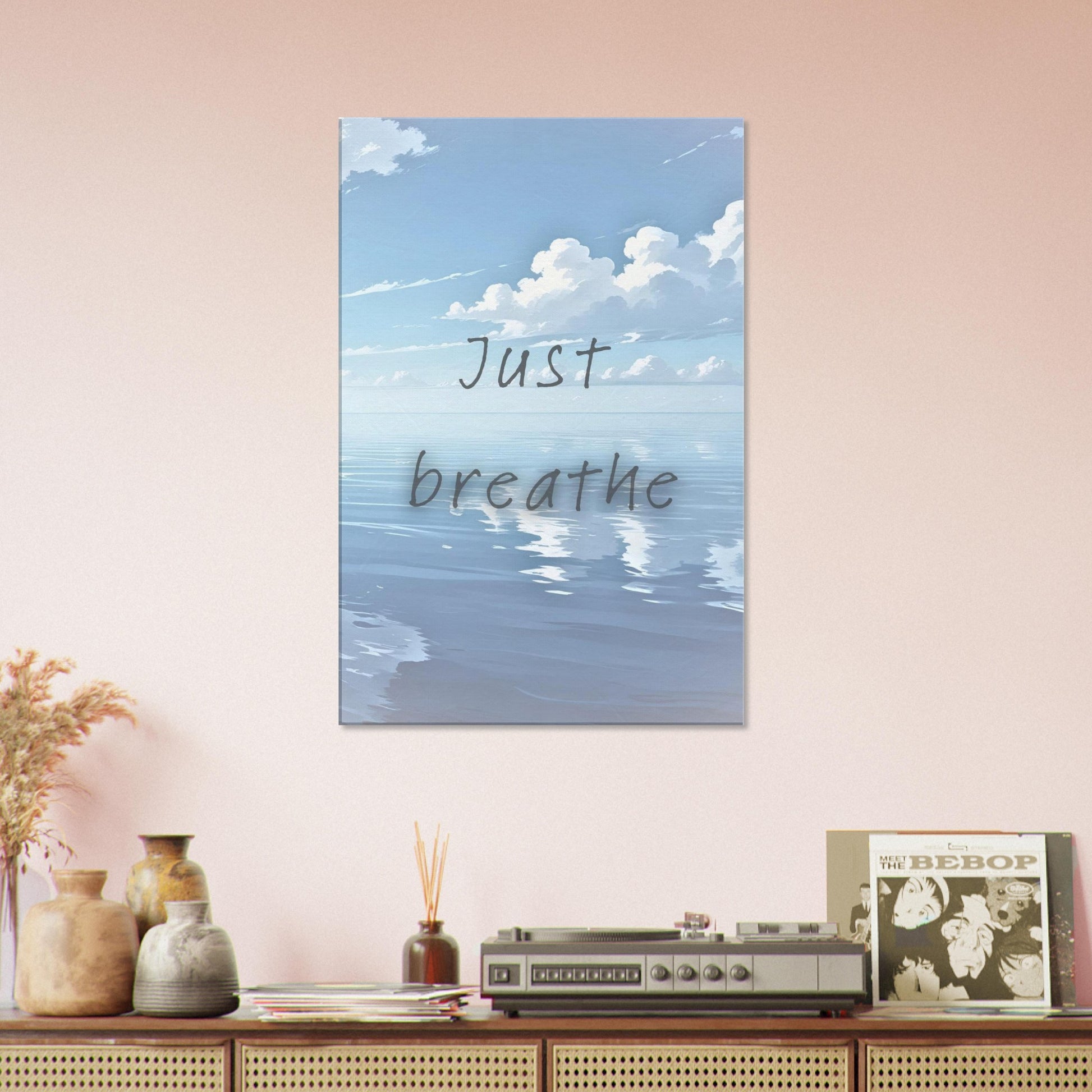 Serene blue canvas wall art with calming sea and sky reflection paired with a mindfulness sobriety quote


