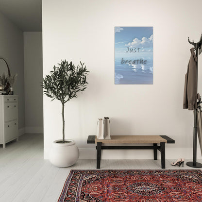 Minimalist inspirational sobriety print featuring tranquil water and gentle reminder to breathe and stay present

