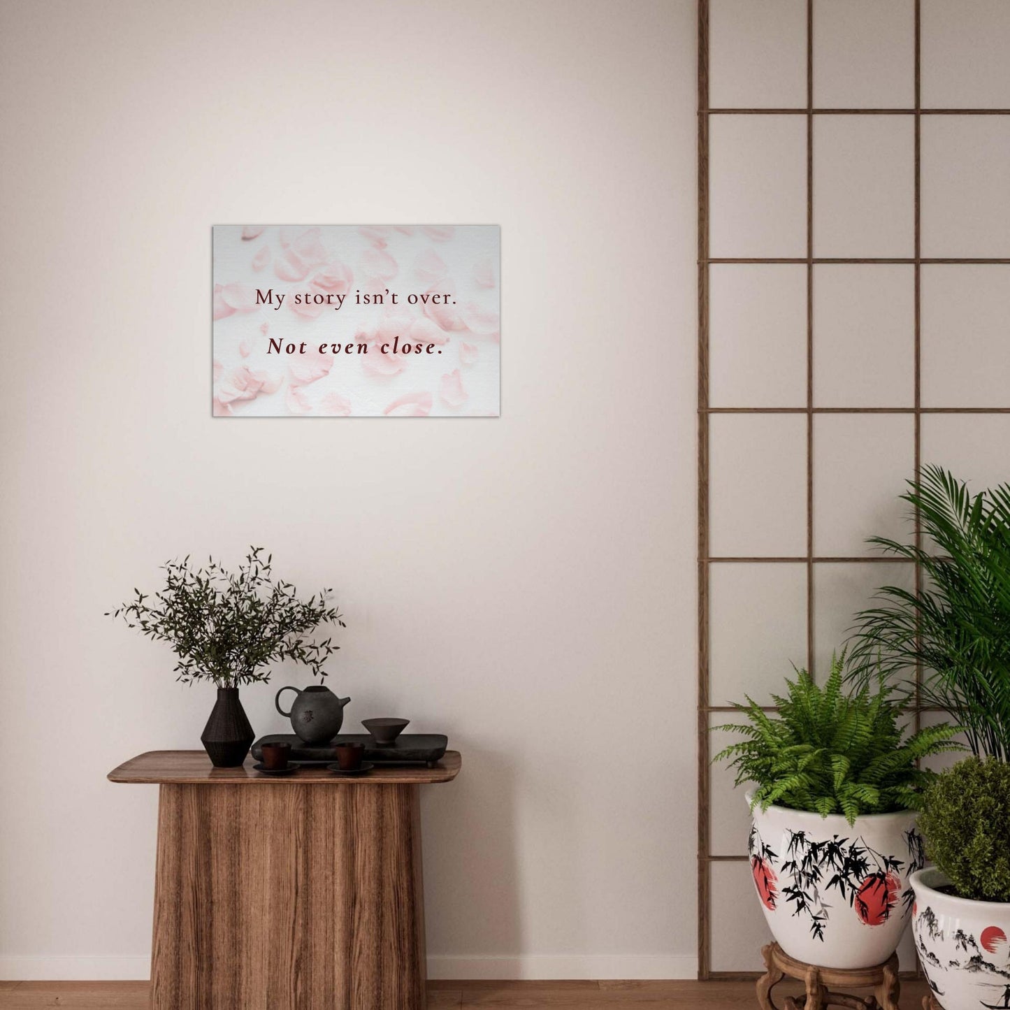 Empowering sobriety wall art print featuring a bold quote over scattered rose petals for encouragement and strength

