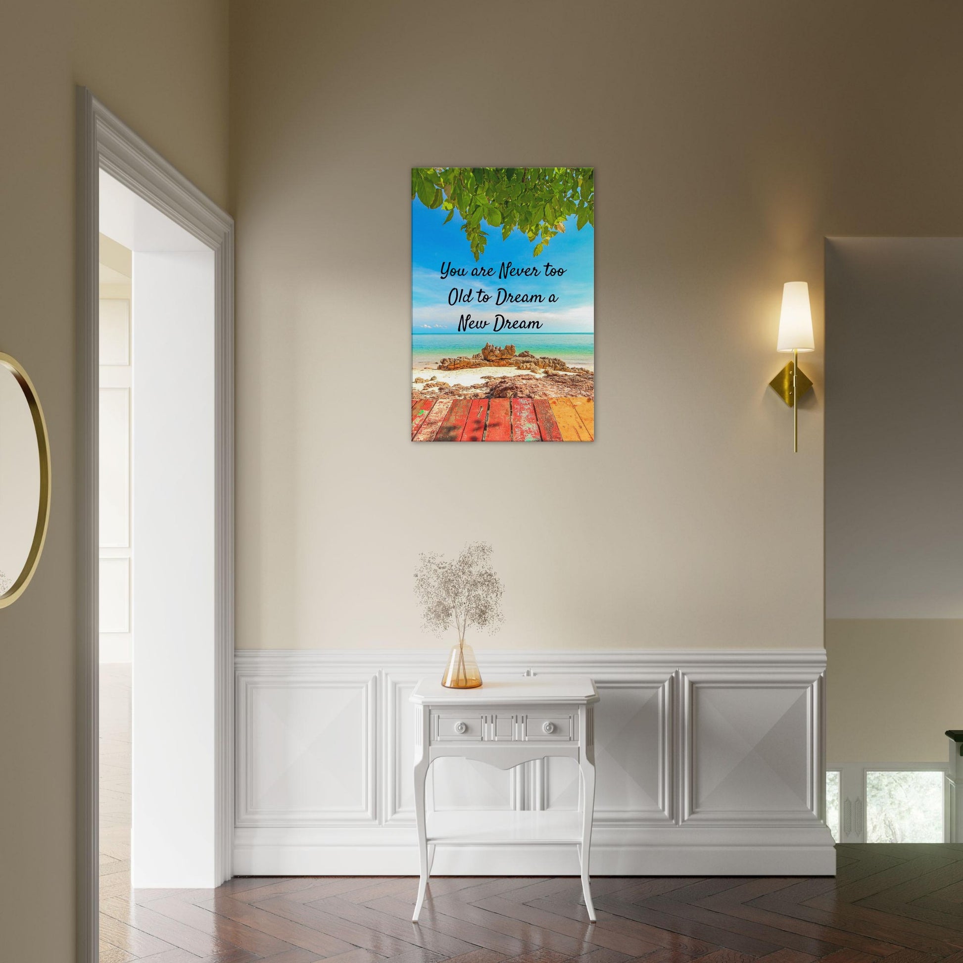 Inspirational recovery canvas print with hopeful message on tropical beach background and rustic texture

