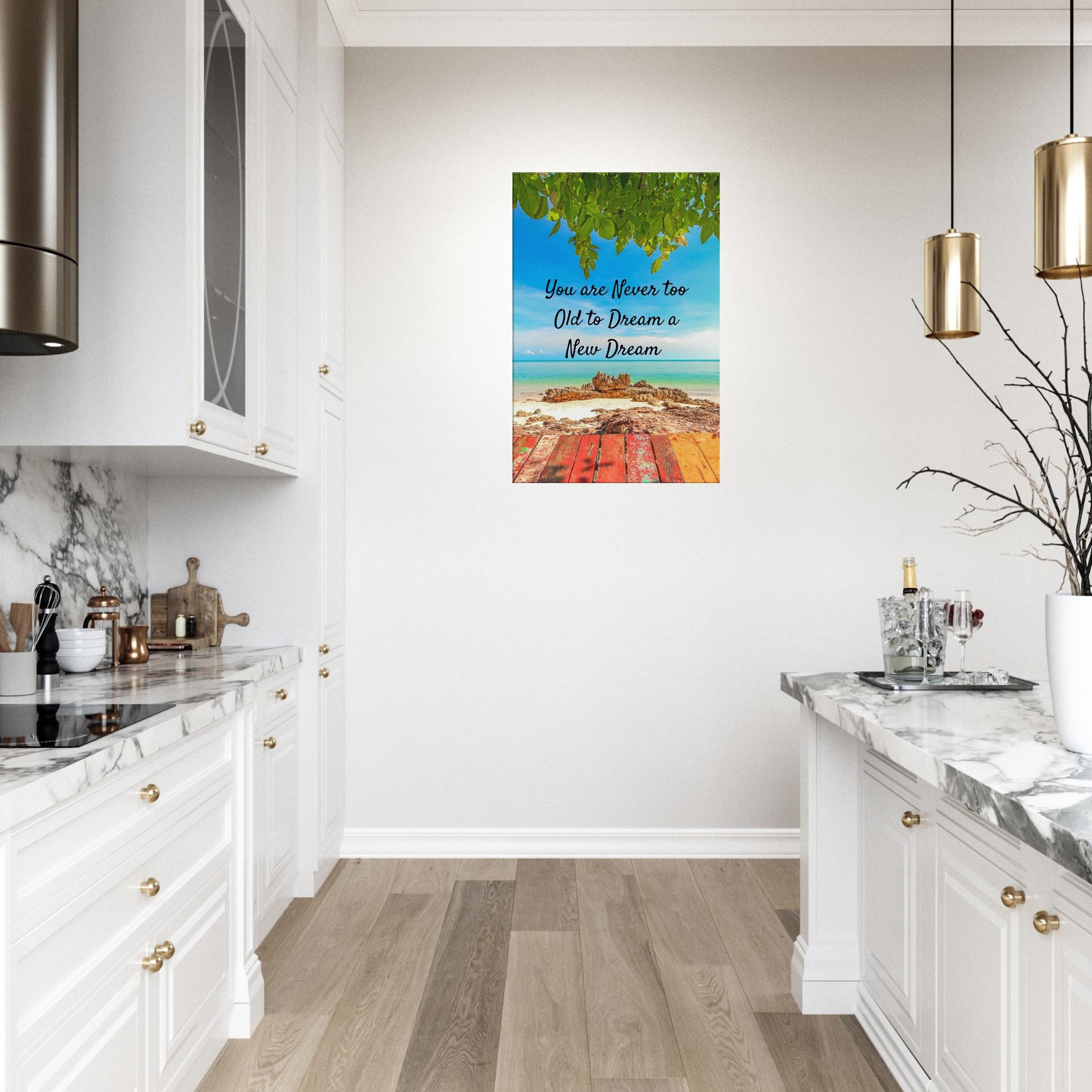 Sobriety focused quote canvas art featuring sunny coastal image and script font about starting over at any age

