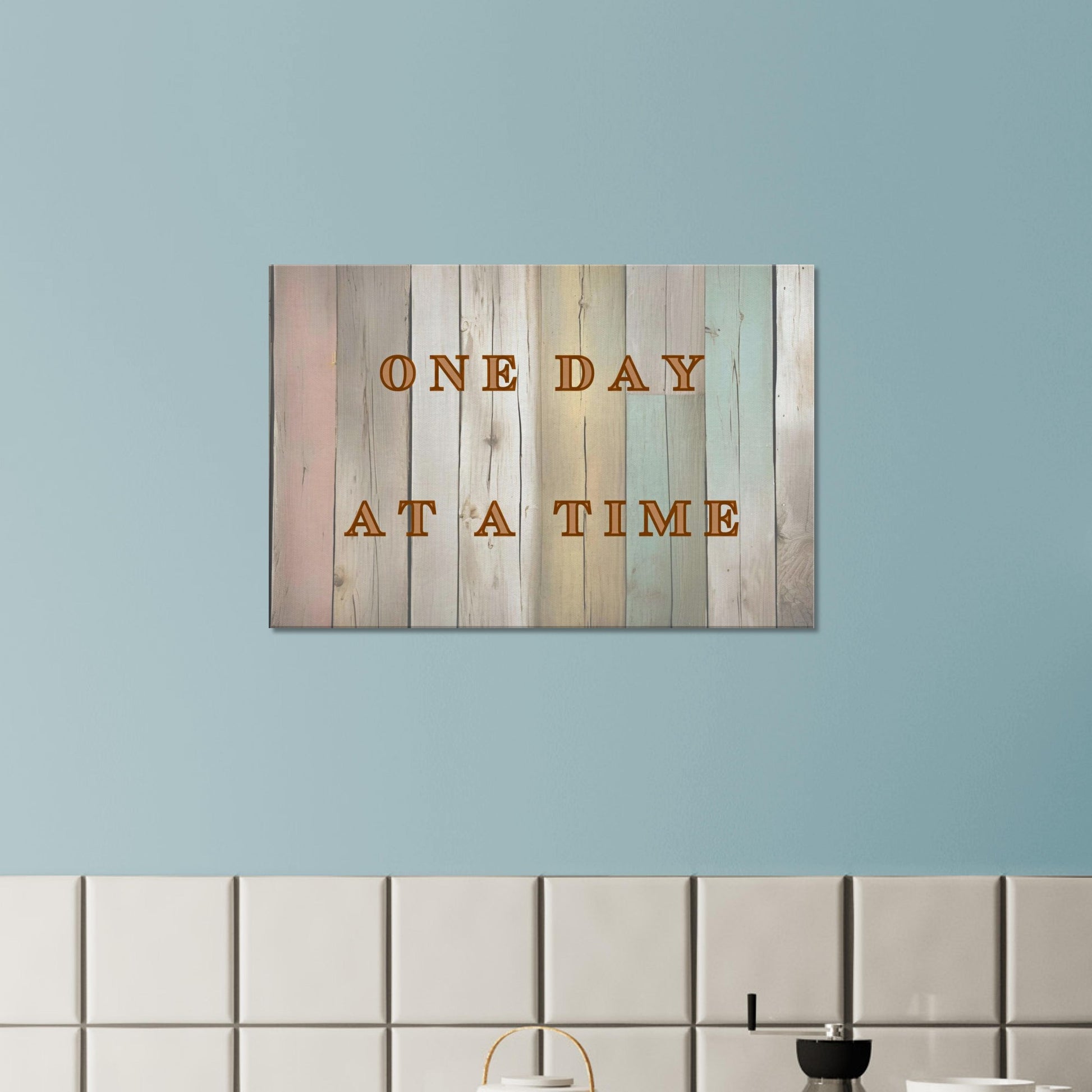 Inspirational sobriety canvas with rustic wooden panel backdrop and simple motivational message

