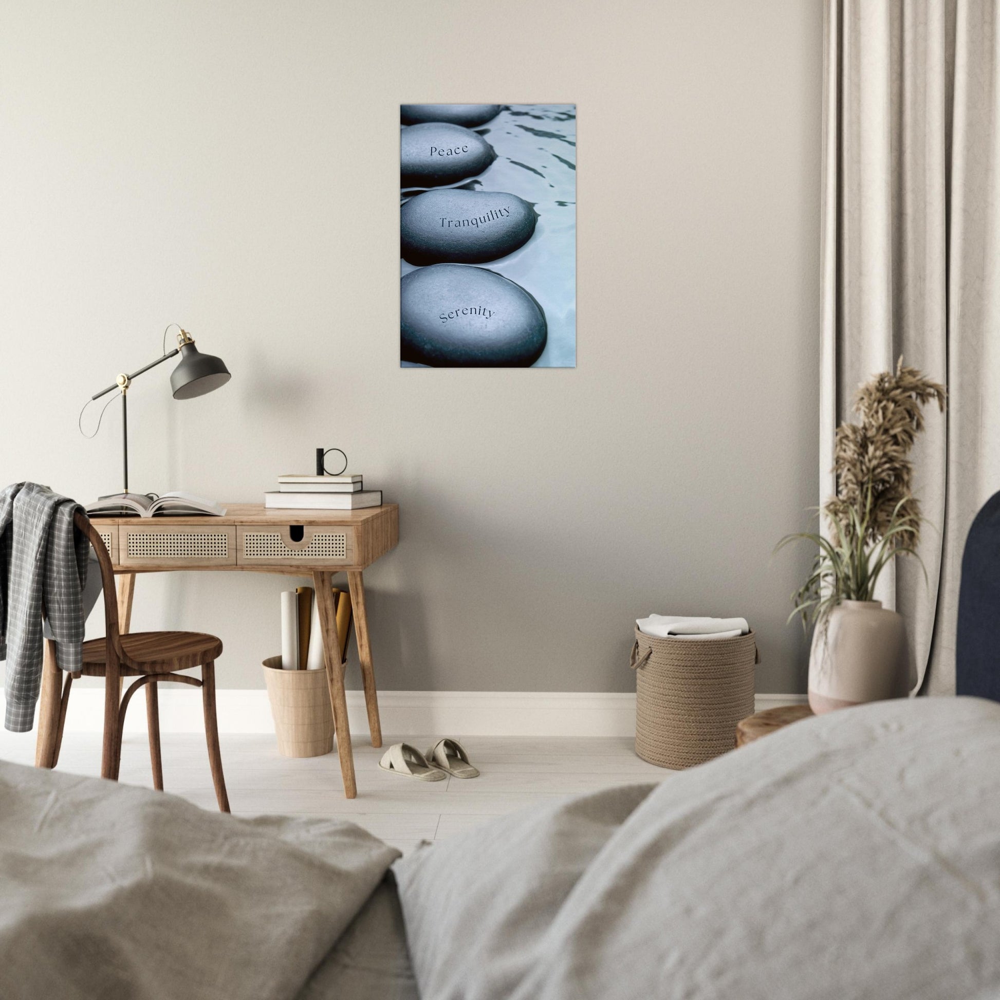 Recovery inspired quote print with blue-gray river stones and peaceful water ripples

