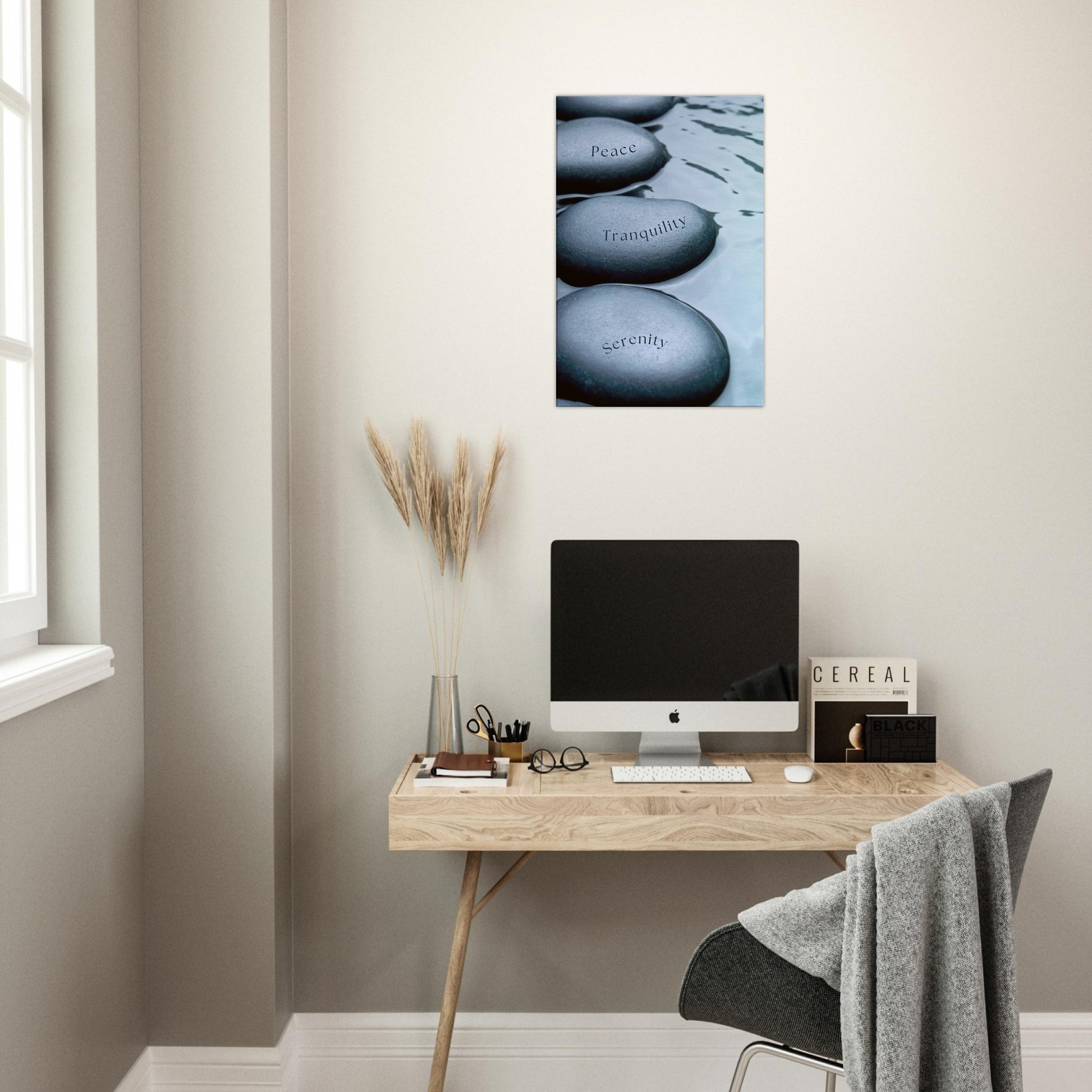 Inspirational sobriety canvas wall art featuring mindfulness words on stones in a calming water scene

