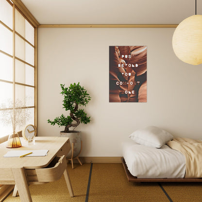 Recovery canvas art on natural-toned decor with bold quote about leaving the comfort zone

