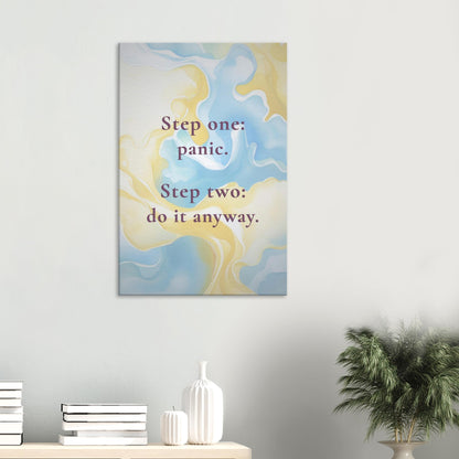 Bold recovery-themed wall print with colorful abstract art and a humorous quote about action and courage