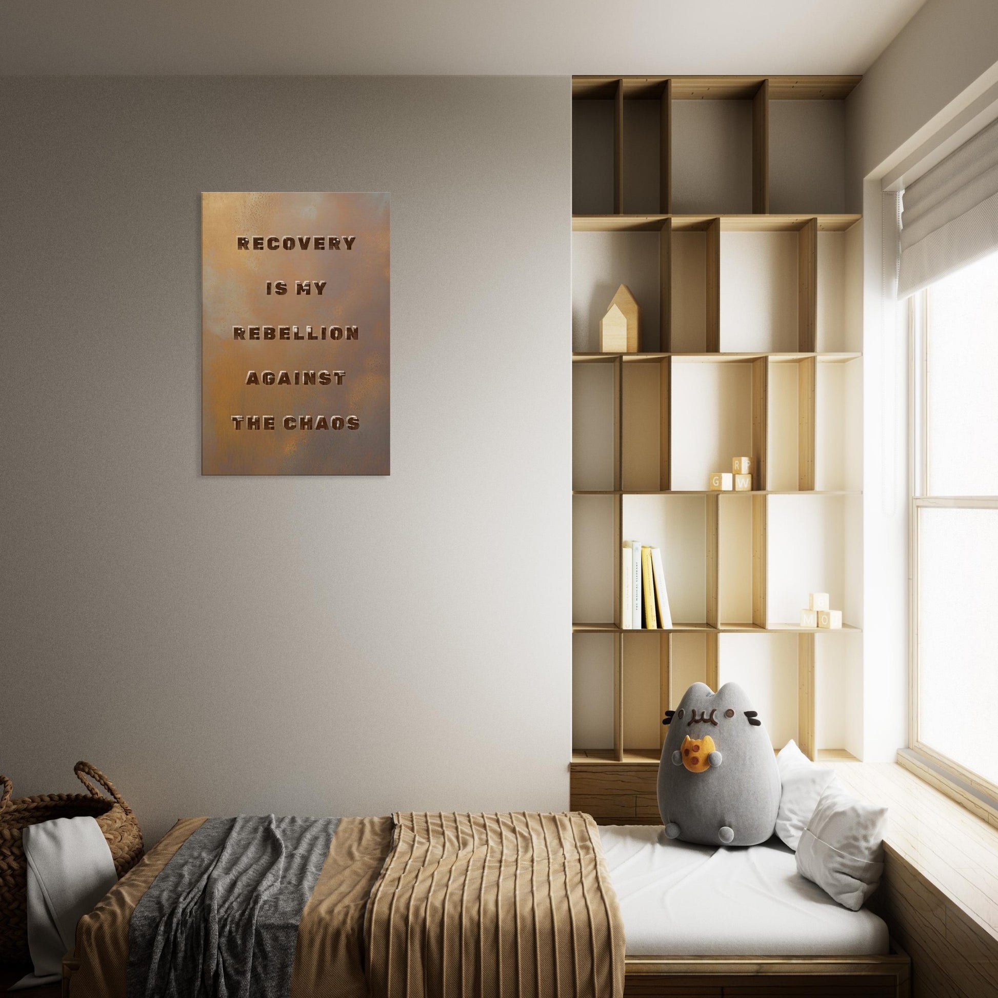 Inspirational sobriety quote on textured bronze background for mental health and healing decor

