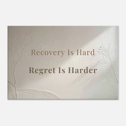 Horizontal recovery canvas with quote “Recovery Is Hard. Regret Is Harder” on soft neutral background with shadowed branches


