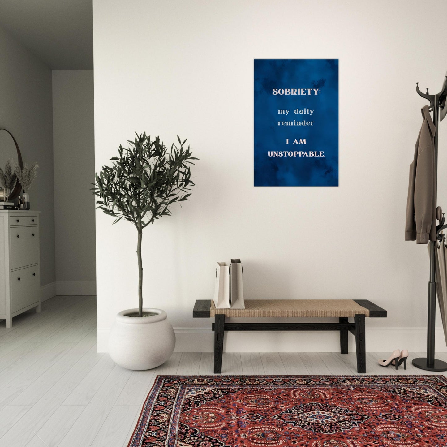 Bold cobalt blue sobriety canvas wall art with motivational recovery quote for home or office

