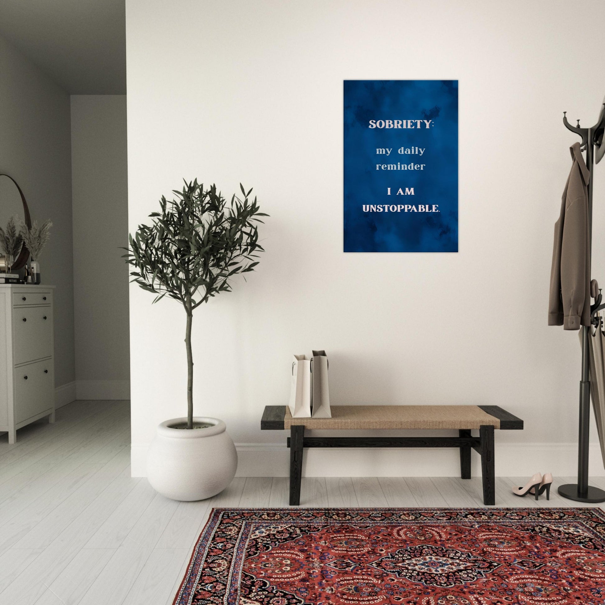 Bold cobalt blue sobriety canvas wall art with motivational recovery quote for home or office


