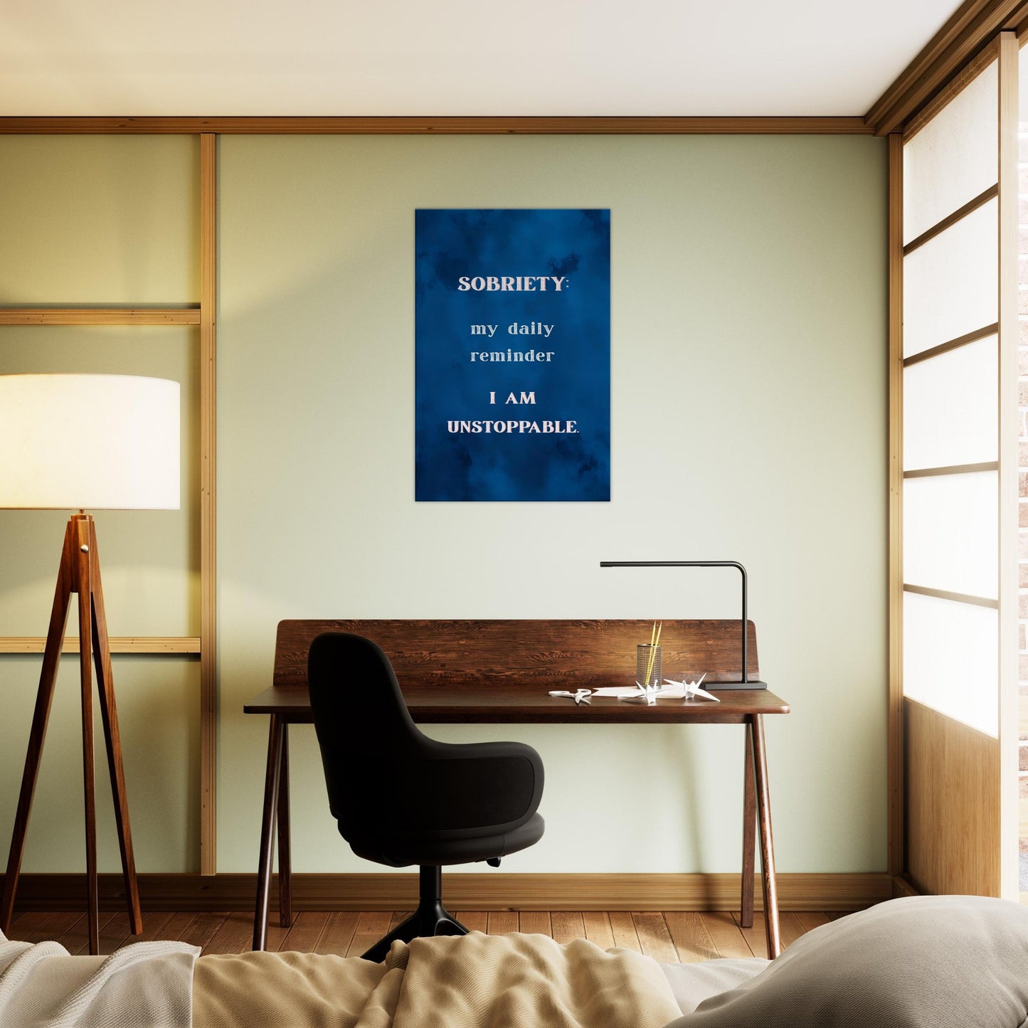 Recovery-themed motivational canvas in cobalt blue reading Sobriety: my daily reminder I’m unstoppable

