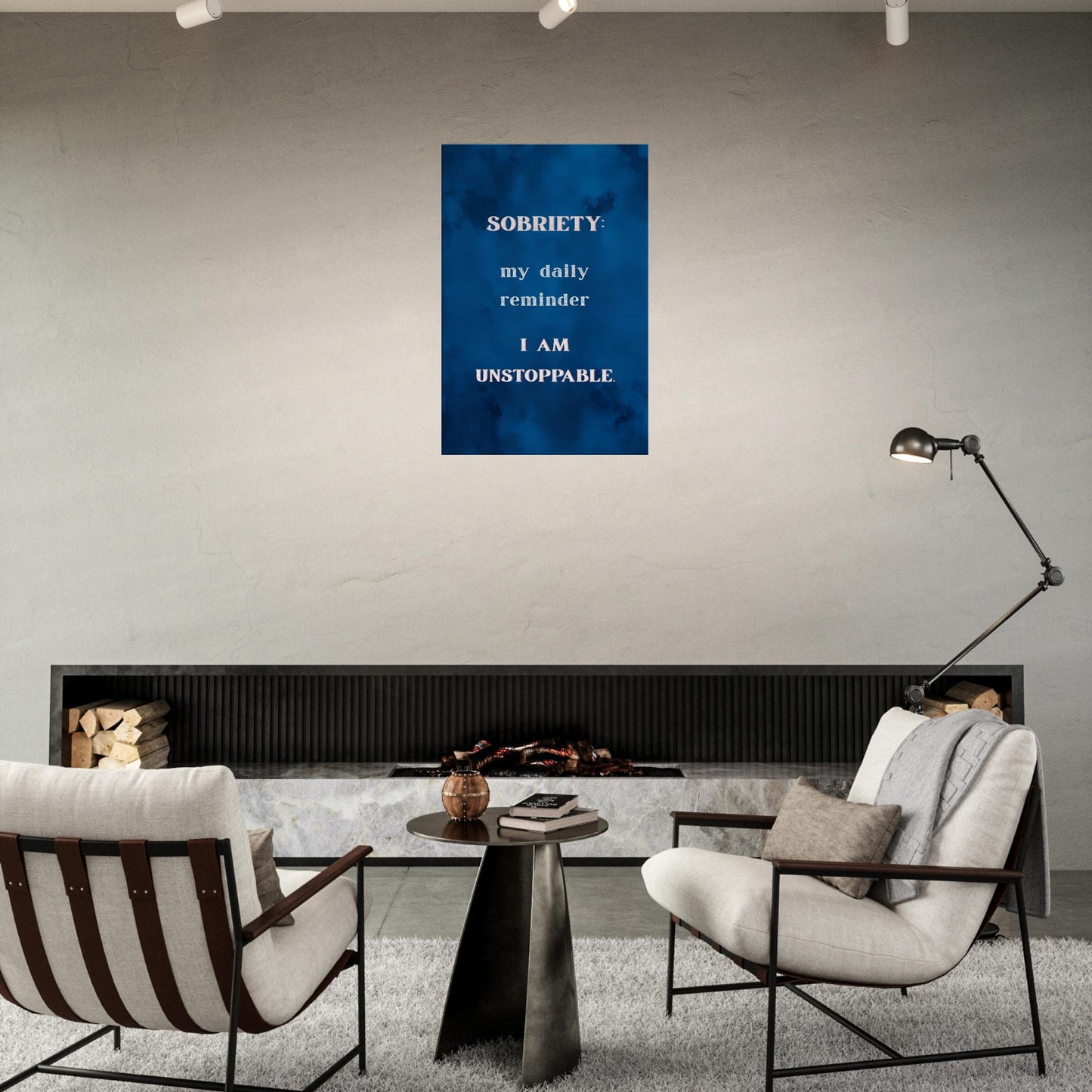 Cobalt blue recovery canvas print with white bold serif sobriety quote for living room or therapy office

