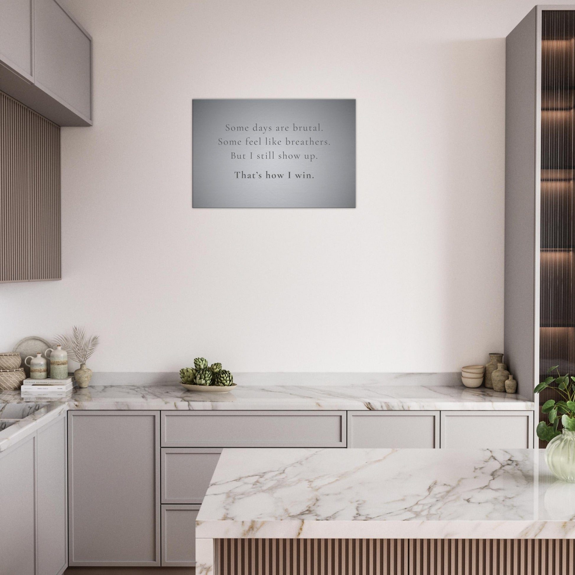 Recovery-themed wall art with empowering quote about showing up every day

