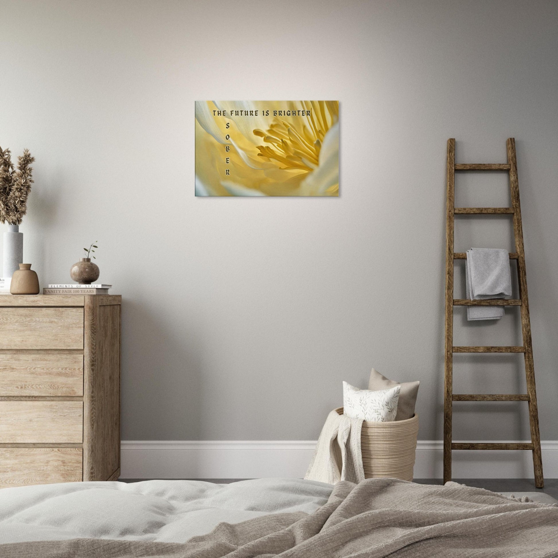 Hopeful sobriety wall art with soft floral background and uplifting message about a brighter sober future

