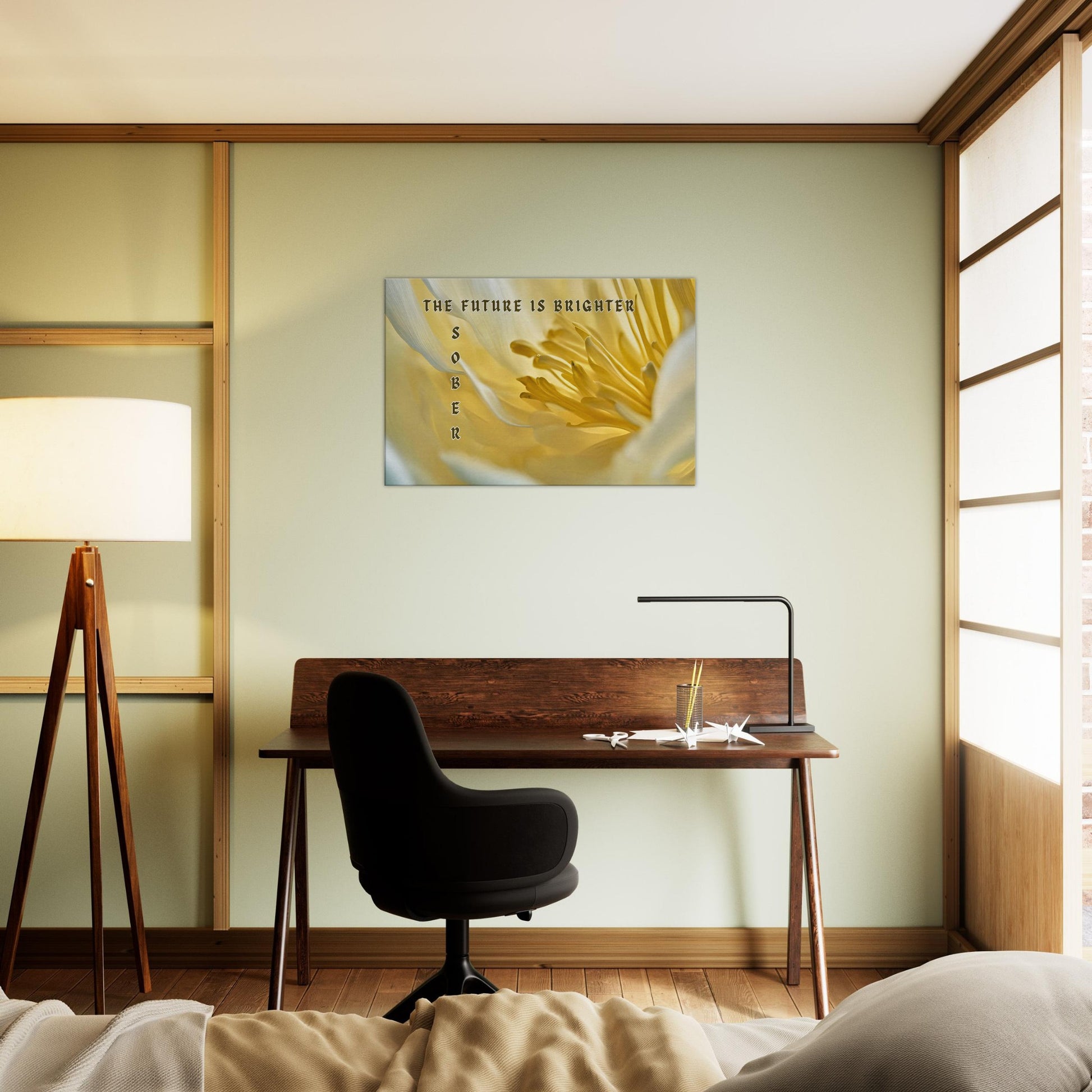 Recovery canvas art featuring yellow bloom and quote about choosing clarity, sobriety, and healing

