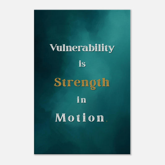 Recovery canvas wall art with quote “Vulnerability Is Strength in Motion” on teal watercolor background.