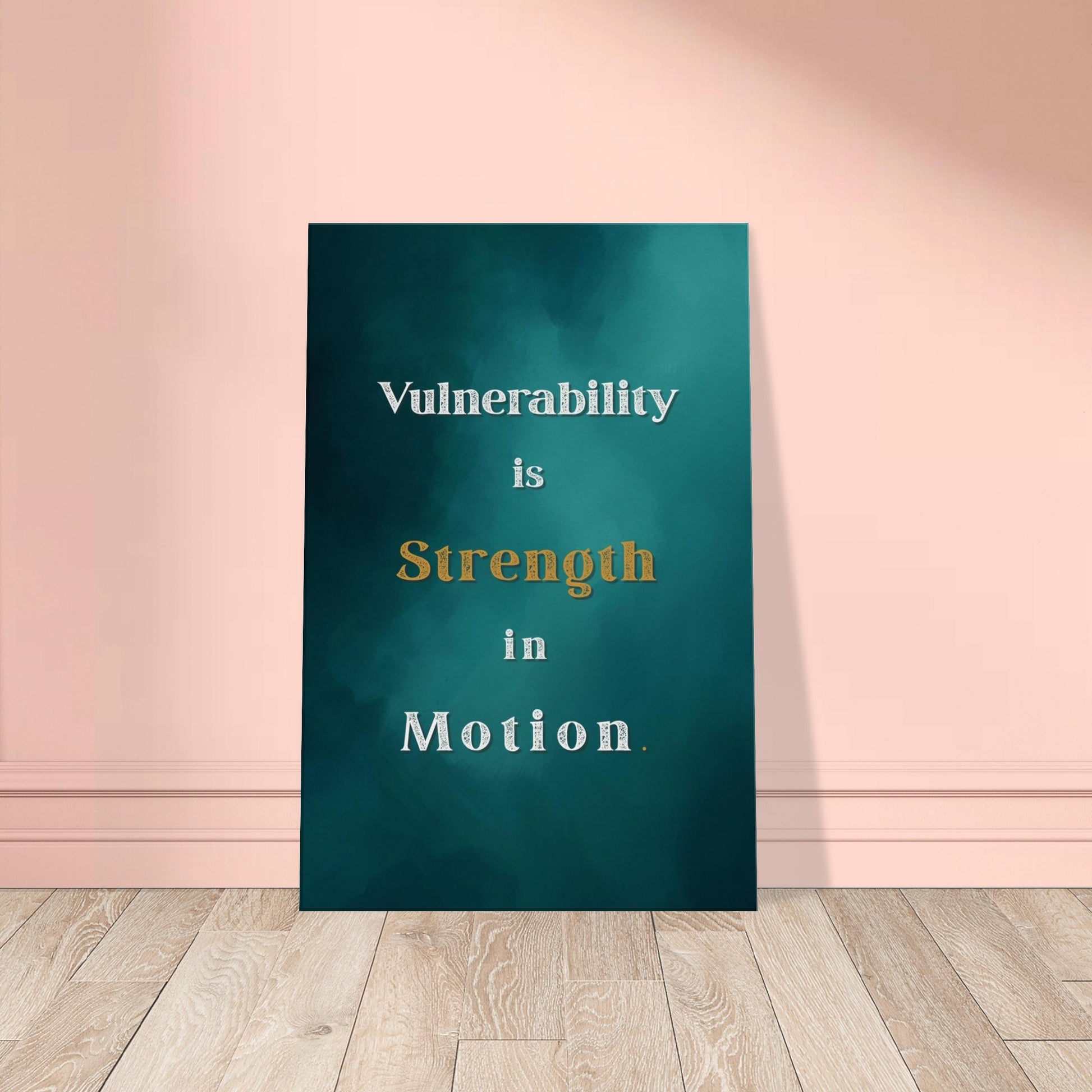 Recovery canvas print with teal flowing background and text “Vulnerability Is Strength in Motion.”