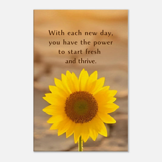 Inspirational sobriety canvas with sunflower rising from dry cracked earth and quote about starting fresh

