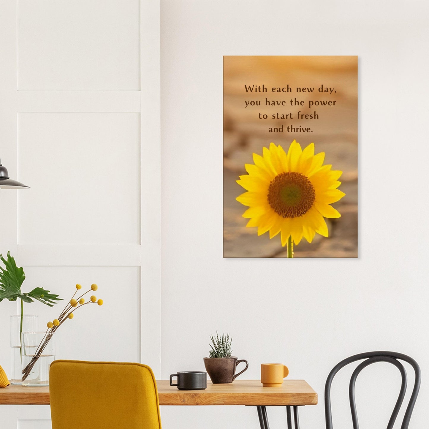 Recovery-inspired canvas wall print with uplifting quote on the fresh starts and renewal on a warm sunflower design

