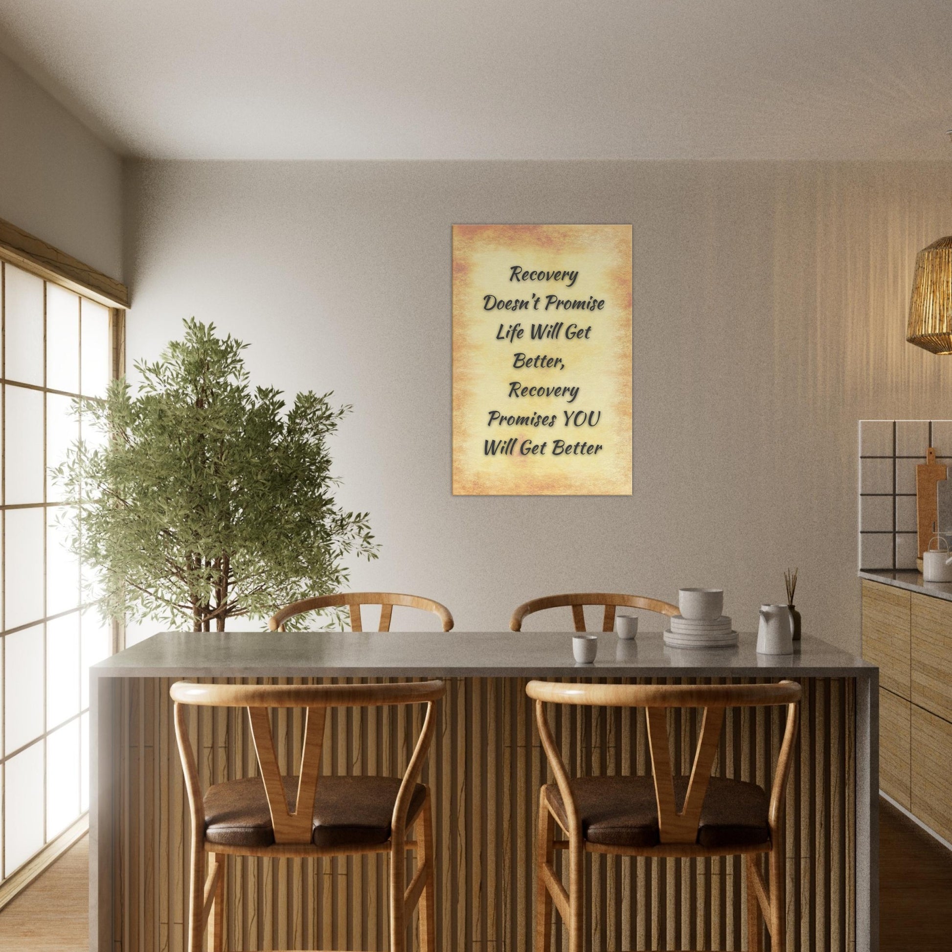 Motivational recovery quote wall art with warm vintage texture and message about personal growth in sobriety

