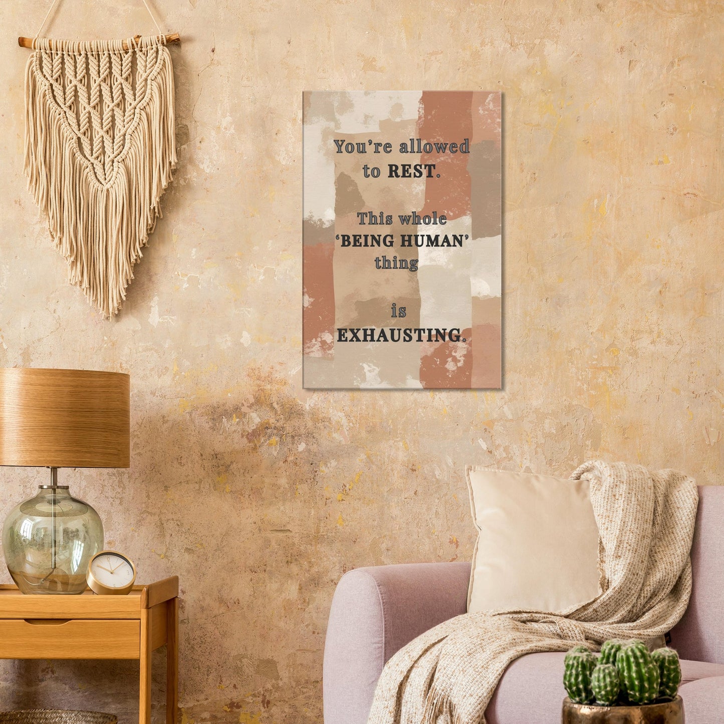 Vertical recovery wall art featuring humorous self-care quote in distressed font over warm minimalist texture


