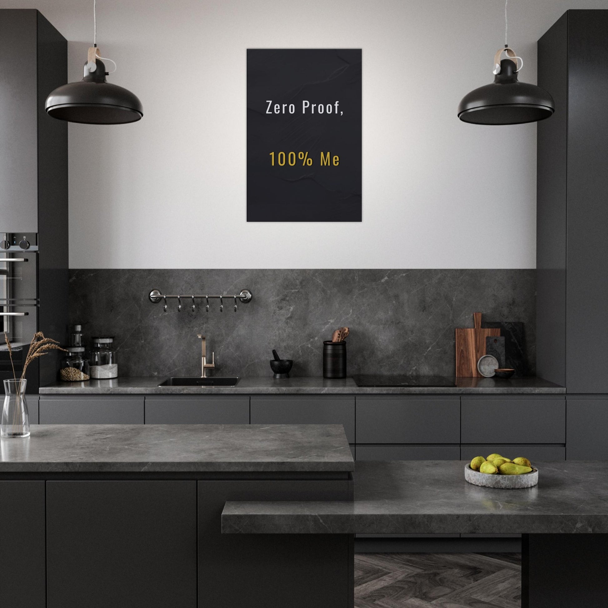 Black canvas wall art featuring "Zero Proof, 100% Me" in gold and white, perfect for sober living décor

