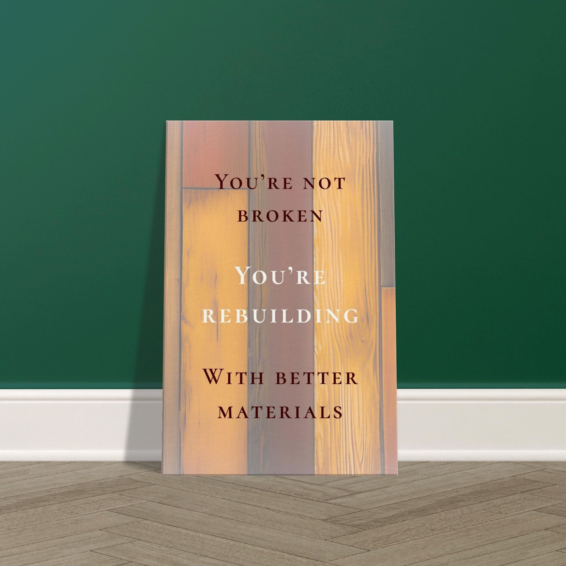 Inspirational sobriety wall art featuring multi-toned hardwood and rebuilding message