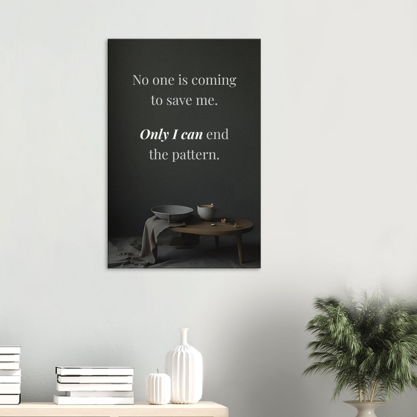 Minimalist quote wall art for sobriety and healing, featuring white serif text on charcoal backdrop

