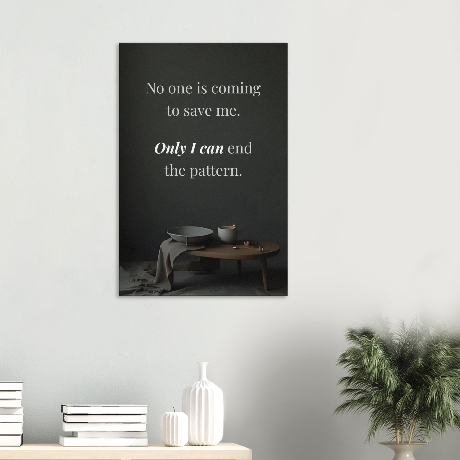 Minimalist quote wall art for sobriety and healing, featuring white serif text on charcoal backdrop

