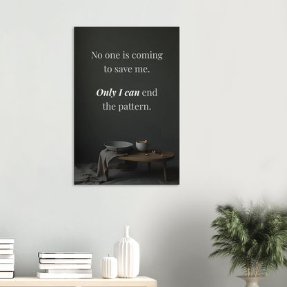Minimalist quote wall art for sobriety and healing, featuring white serif text on charcoal backdrop

