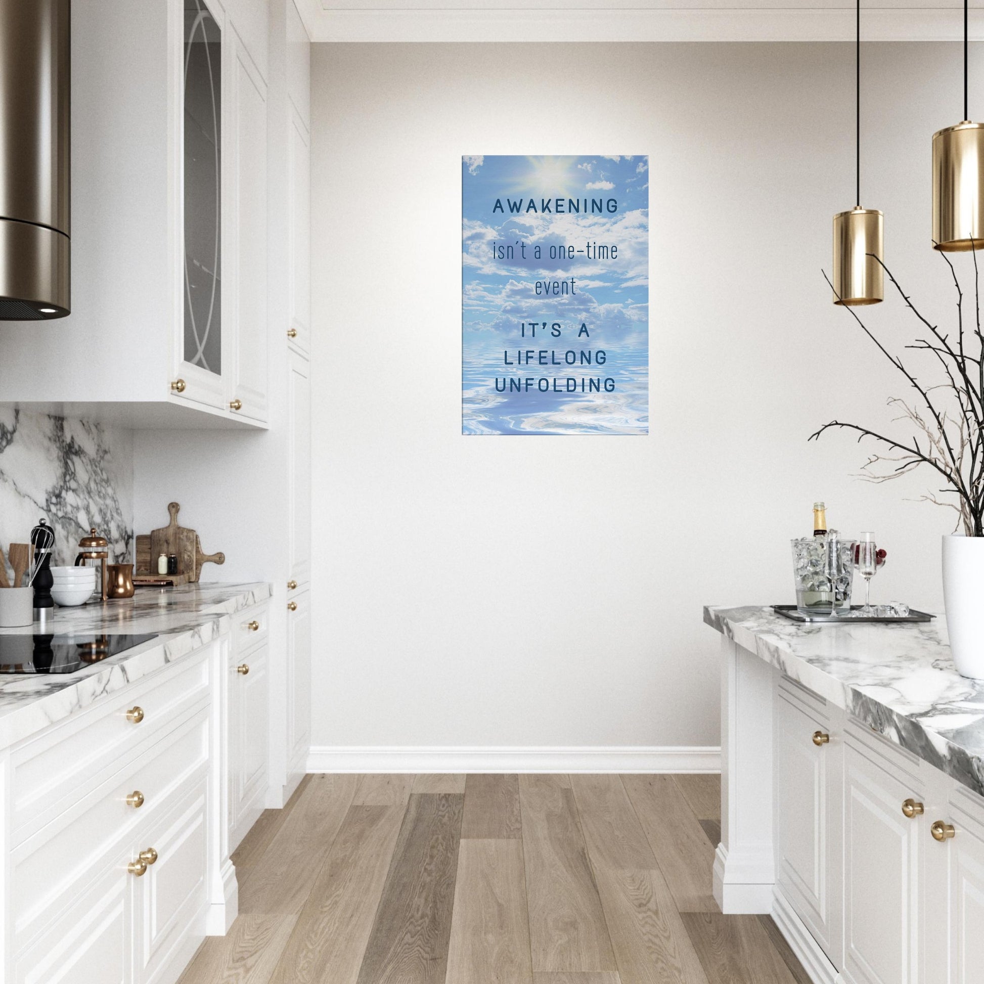 Awakening-themed art with serene scene and emotional message in elegant text across sky and sea

