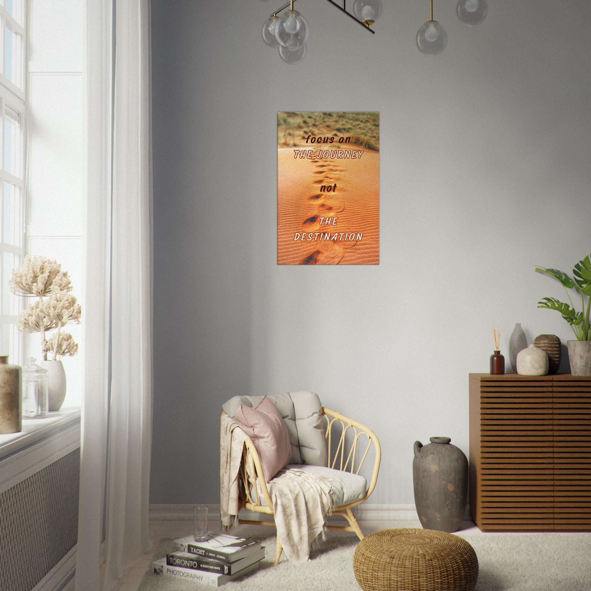 Quote art with bright textured terrain and powerful message about embracing the journey, not just the goal


