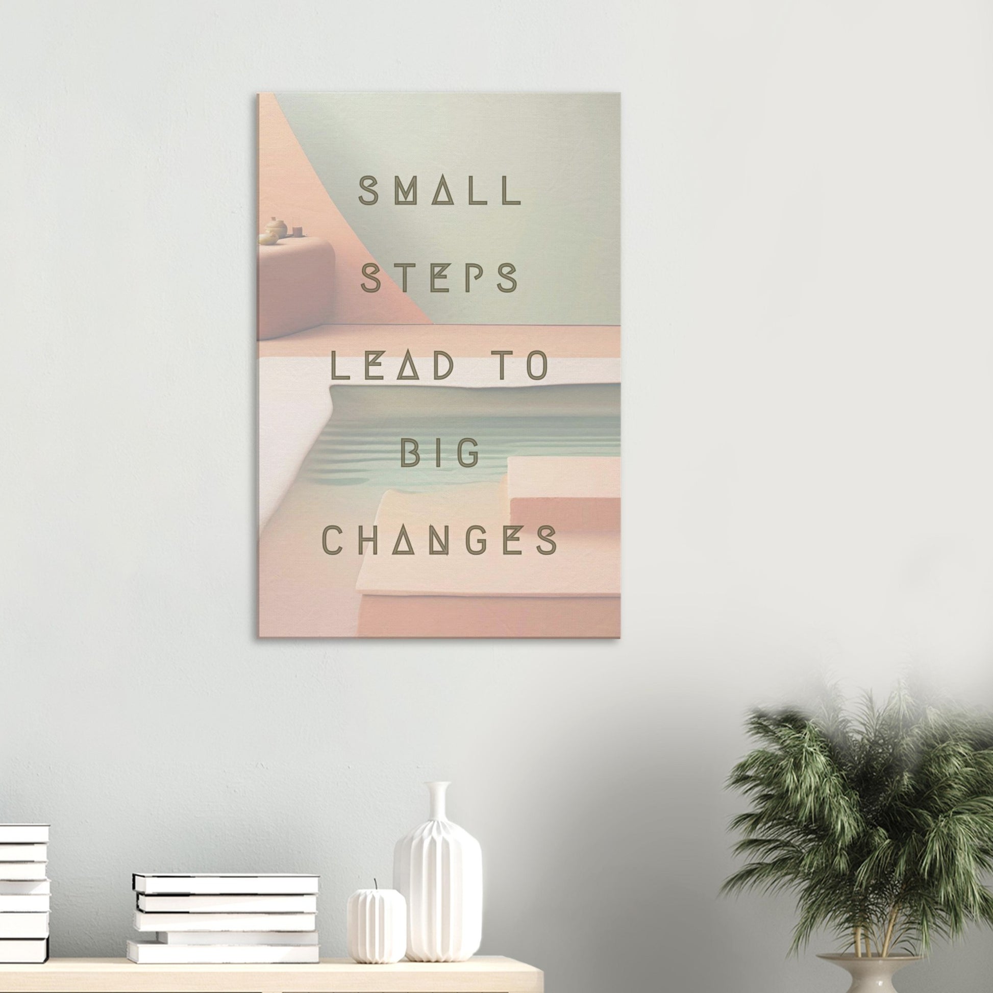 Healing wall art with subtle water ripple and soft green, peach design